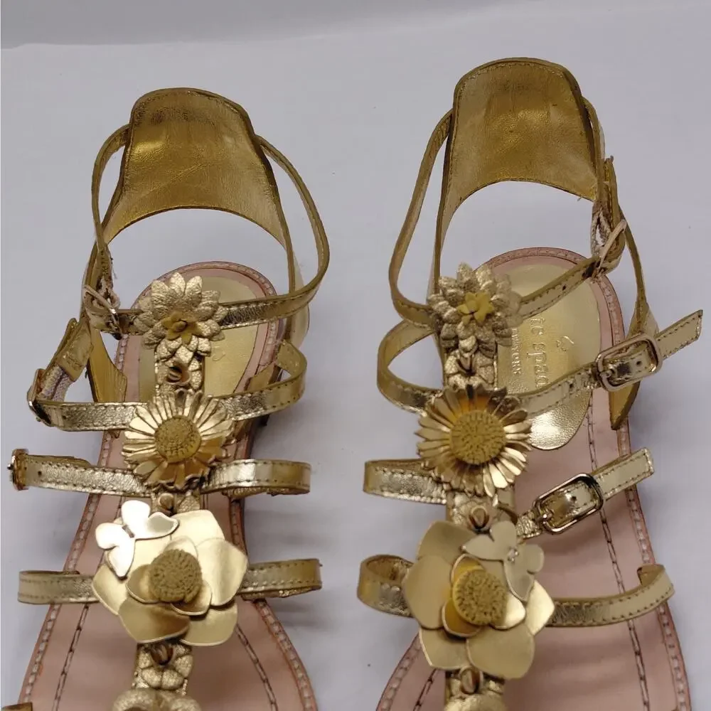 Kate Spade Womens Gladiator Sandals Size 8.5 Gold Floral Boho Vacation Summer - Picture 5 of 15